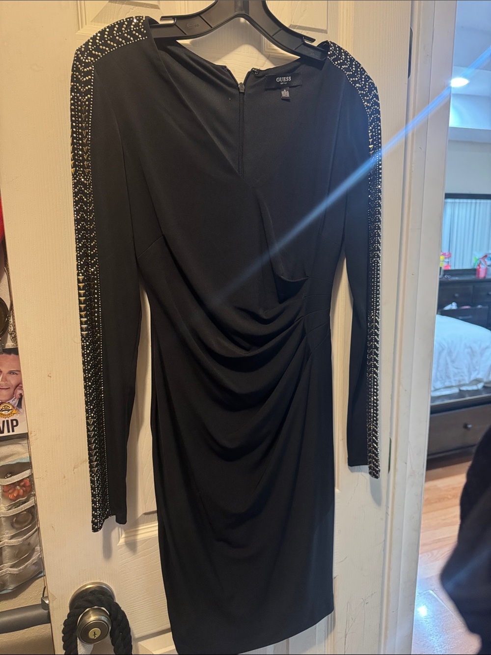 GUESS Black Long-Sleeve Draped Cocktail Dress with Embellished Sleeve Accents